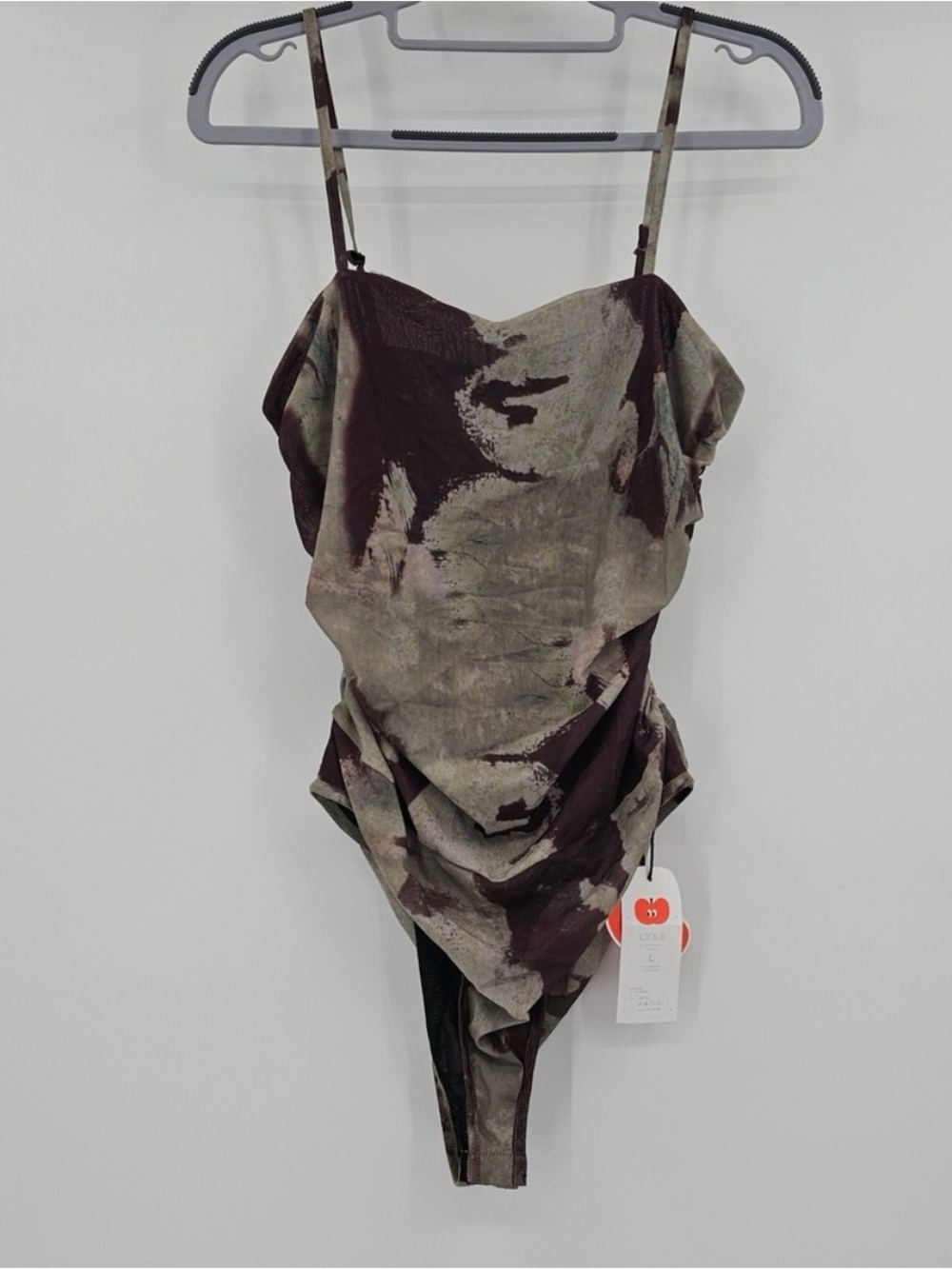 Cider Womens Abstract Portrait Graphic Mesh Bodysuit Ruched Brown Olive Large